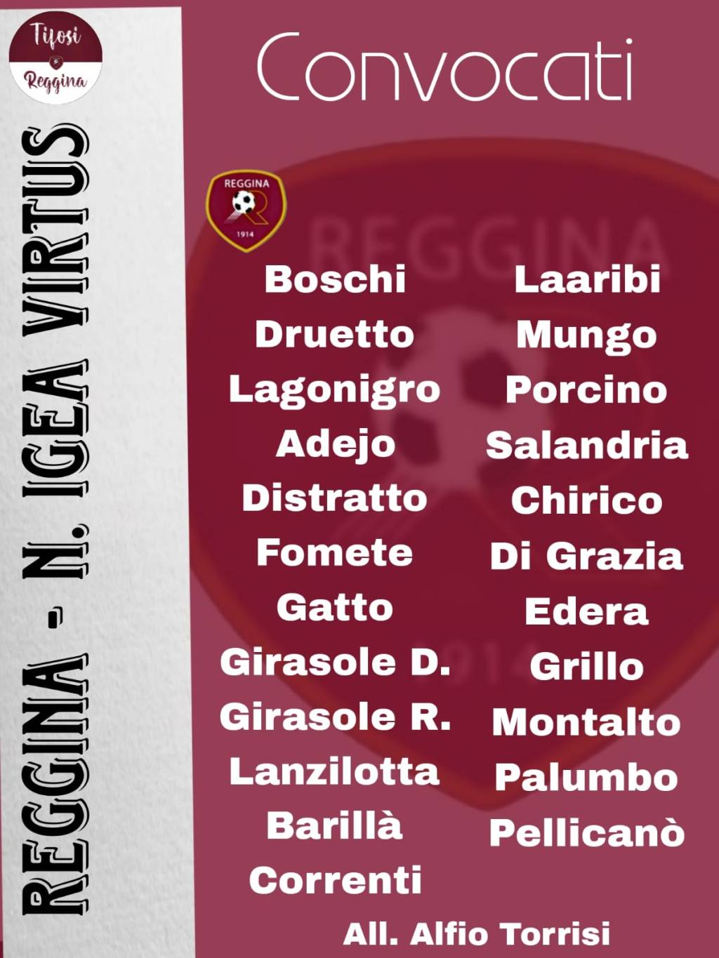 REGGINA – IGEA VIRTUS: I CONVOCATI&nbsp;AMARANTO