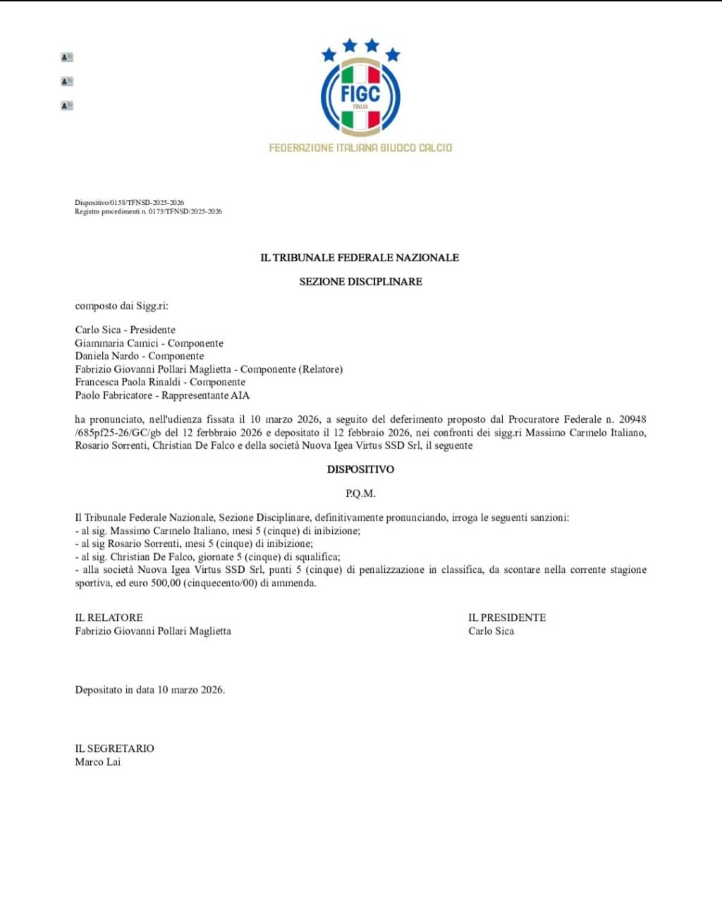 Mazzata TFN sull’Igea Virtus: penalizzazione e squalifiche stravolgono il Girone&nbsp;I