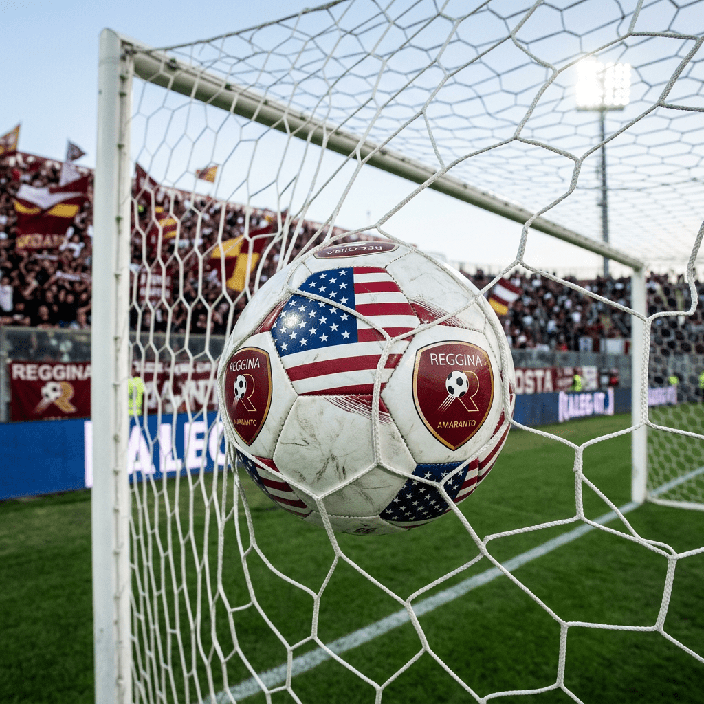Soccer ball featuring American flag design and Reggina Amaranto logos in goal net on green pitch