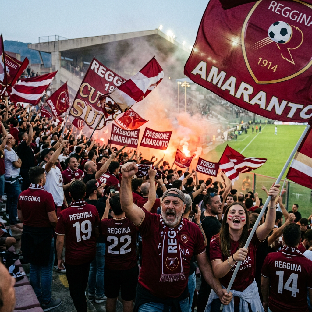 Reggina fans waving flags reading AMARANTO, PASSIONE AMARANTO, and FORZA REGGINA